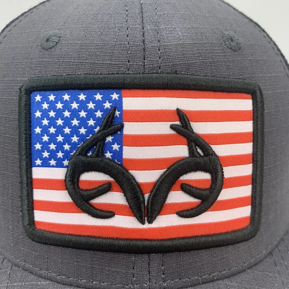 Realtree US Flag Hat Gray Adjustable Snapback Black Mesh Outdoor Cap Antler Logo